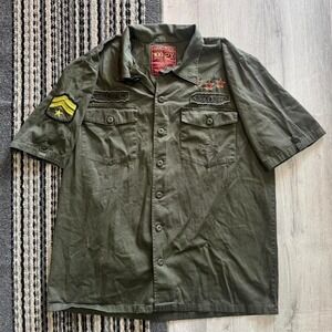 Hard Rock Cafe Hollywood Military Style Button-Up Shirt Green Embroidered Logo